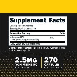 PrimaForce Yohimbine HCl 2.5mg 270 Capsules Premium Supplement Boosts Performance Zero Fillers Non-GMO Gluten Free