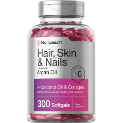 Horbäach Hair Skin and Nails Vitamins  with Biotin Collagen Argan Oil Coconut Oil 300 Softgels Non-GMO Gluten Free Supplement