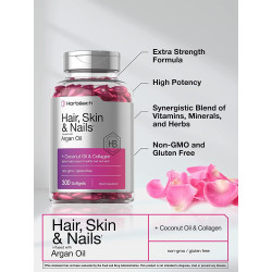 Horbäach Hair Skin and Nails Vitamins  with Biotin Collagen Argan Oil Coconut Oil 300 Softgels Non-GMO Gluten Free Supplement